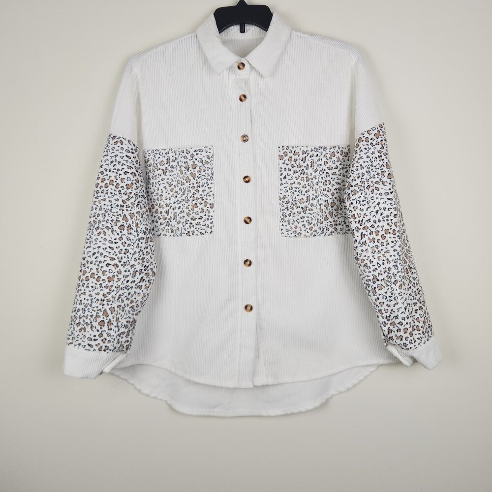 SHEIN White Button-Up Shirt with Leopard Print Panels